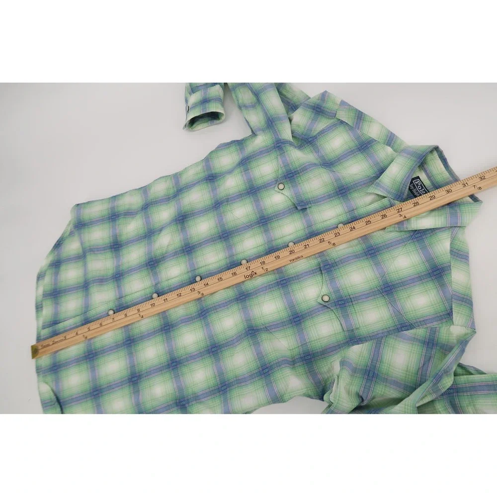 Vintage‎ Polo Ralph Lauren Western Shirt Mens Small Green Blue Plaid Pearl Snap